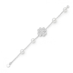 Pulsera-plata cadena-perlas y-trébol-Enigma-plata