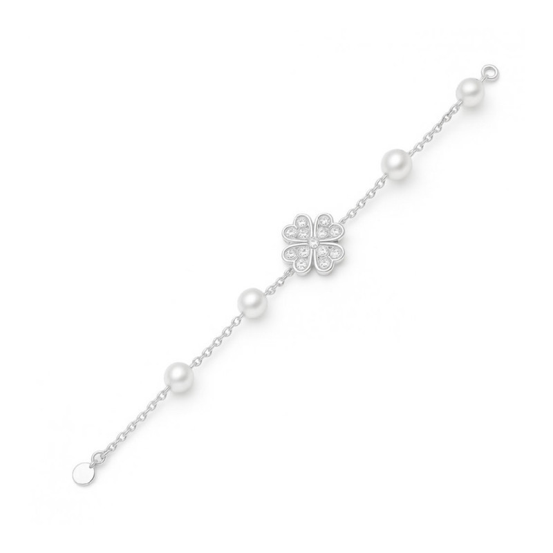 Pulsera-plata cadena-perlas y-trébol-Enigma-plata