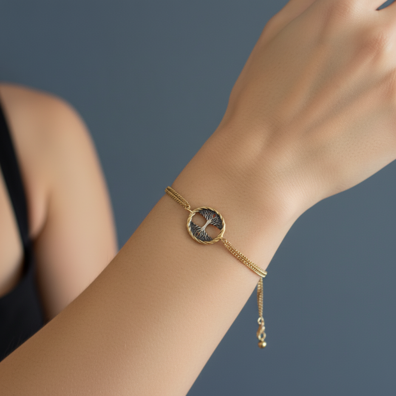 Pulsera-plata-acabado-oro-medalla-árbol-vida-imagen-modelo-Enigma-plata